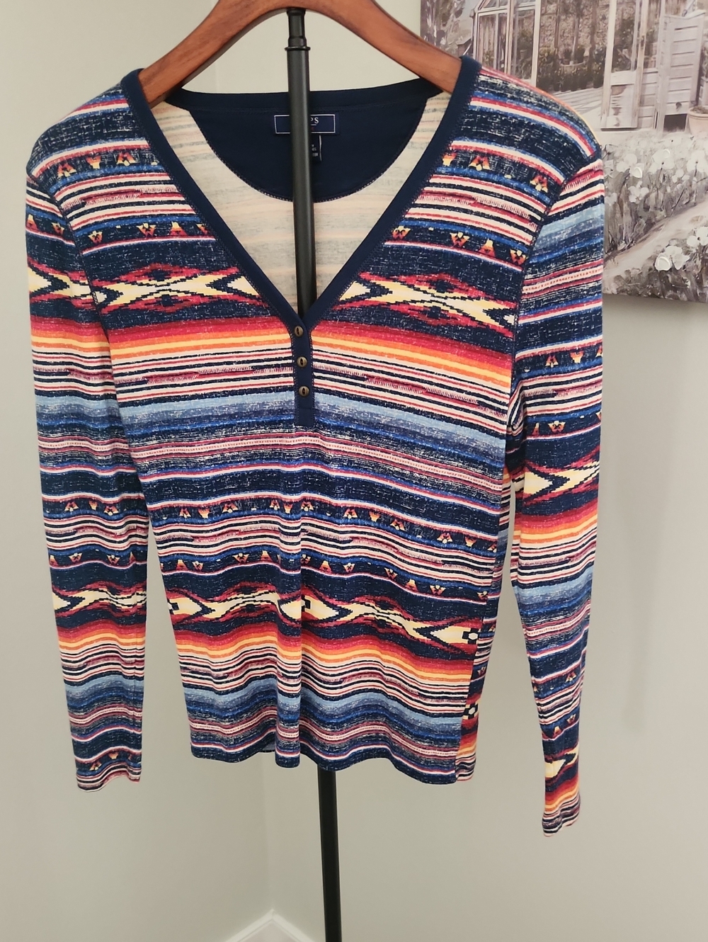 Chaps Denim Multicolor Aztec Southwestern Cotton Henley Shirt Size Medium